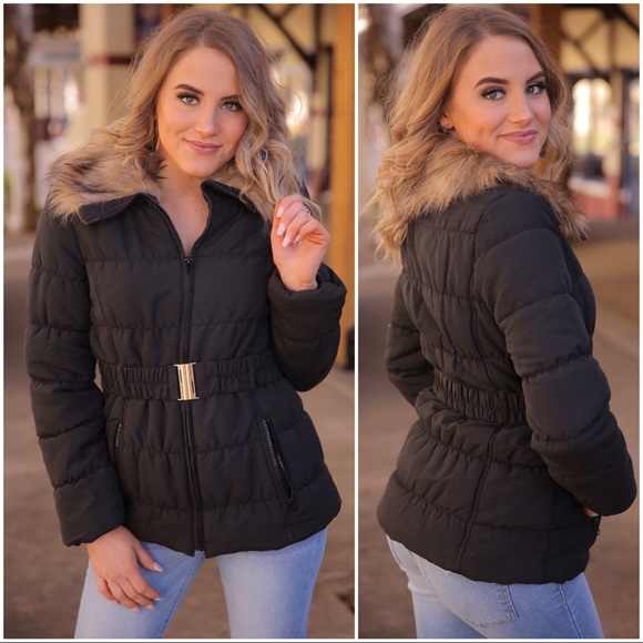 Black Faux Fur Collared Belted Jacket - Picture 2 of 3